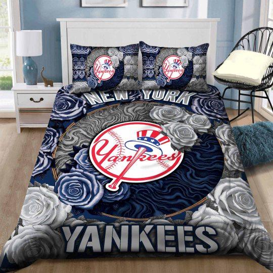 BEST New York Yankees MLB grey blue rose Duvet Cover Bedding Set1