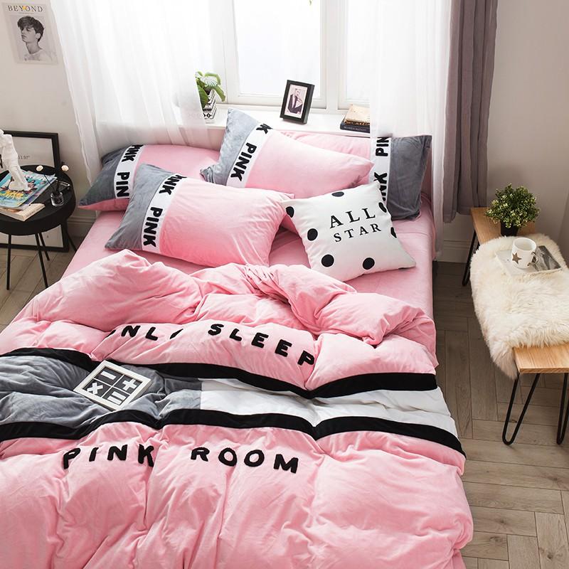 BEST Victoria's Secret Pink Embroidery Flannel Duvet Cover Bedding Set2